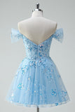 Sparkly Sky Blue Off The Shoulder A-Line Corset Homecoming Dress