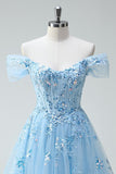 Sparkly Sky Blue Off The Shoulder A-Line Corset Homecoming Dress