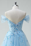 Sparkly Sky Blue Off The Shoulder A-Line Corset Homecoming Dress
