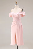 Blush Pink Sheath Off The Shoulder Mother Of The Bride Dress with Slit