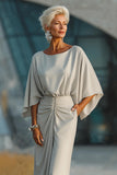 Silver Boat Neck Sheath Long Mother Of The Bride Dress