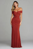 Terracotta Sheath Off the Shoudler Ruched Long Formal Dress