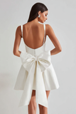 Ivory A Line Square Neck Backless Short Homecoming Dress with Back Giant Bow