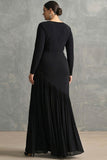 Black Crepe Chiffon Mermaid Pleated Plus Size Formal Dress with Ruffles