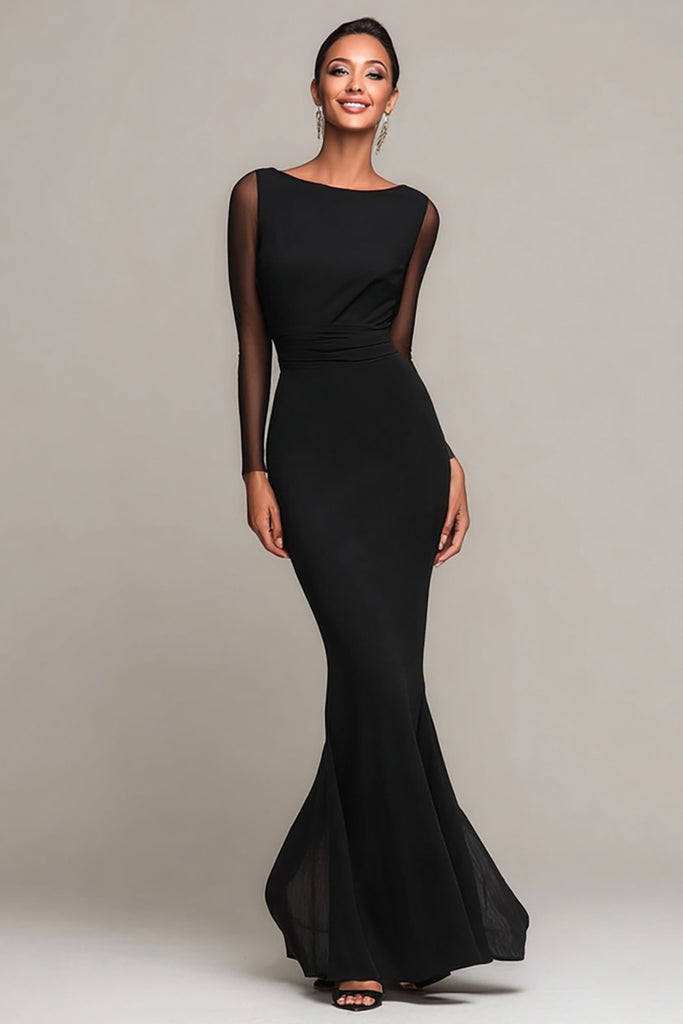 Zapaka Women Black Maxi Formal Dress Mermaid Boat Neck Evening Dress — free download