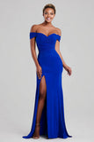 Royal Blue Off the Shoulder Sheath Maxi Formal Dress with Slit