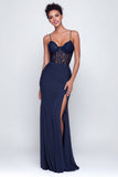 Navy Corset Sweetheart Sheath Maxi Formal Dress with Lace