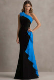 Mermaid One Shoulder Black and Blue Formal Dress With Ruffles