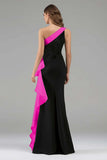 Mermaid One Shoulder Black and Blue Formal Dress With Ruffles