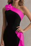 Mermaid One Shoulder Black and Blue Formal Dress With Ruffles