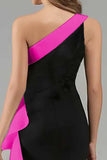 Mermaid One Shoulder Black and Blue Formal Dress With Ruffles