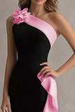Mermaid One Shoulder Black and Blue Formal Dress With Ruffles