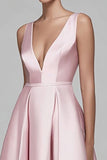 Pink And Navy V Neck A Line Formal Dress