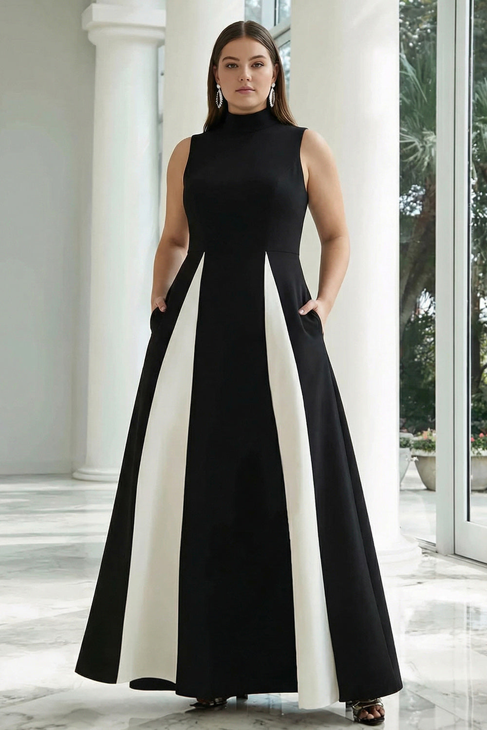 Zapaka Women Plus Size Black and White Formal Dress A-Line High Neck Long Evening Dress with Pockets, Black and White / US24W Zapaka Women Plus Size Black and White Formal Dress A-Line High Neck Long Evening Dress with Pockets, Black and White / US24W