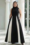 Black and White Plus Size A-Line High Neck Long Formal Dress with Pockets