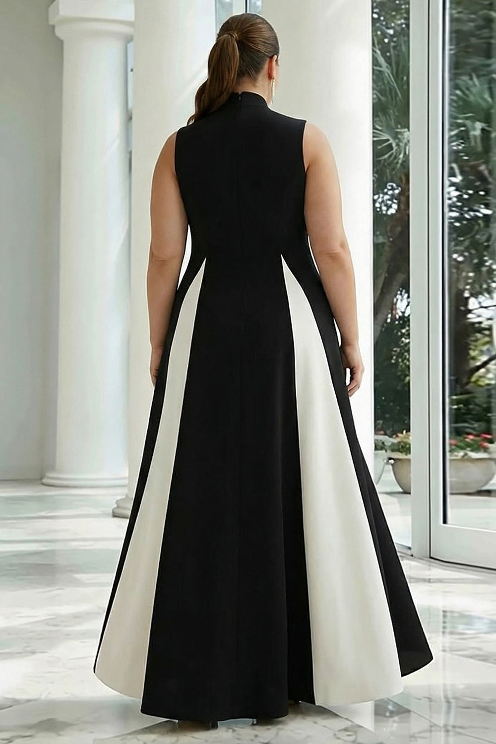 Zapaka Women Plus Size Black and White Formal Dress A-Line High Neck Long Evening Dress with Pockets, Black and White / US24W Zapaka Women Plus Size Black and White Formal Dress A-Line High Neck Long Evening Dress with Pockets, Black and White / US24W