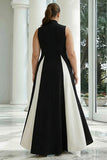 Black and White Plus Size A-Line High Neck Long Formal Dress with Pockets