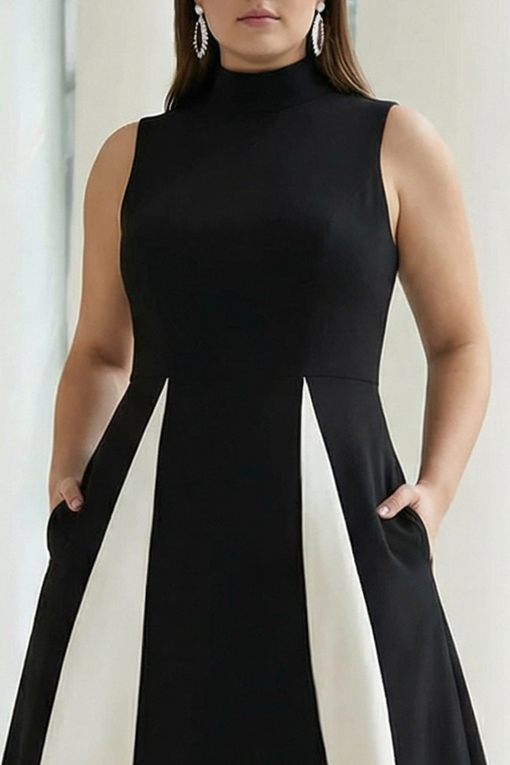 Zapaka Women Plus Size Black and White Formal Dress A-Line High Neck Long Evening Dress with Pockets, Black and White / US24W Zapaka Women Plus Size Black and White Formal Dress A-Line High Neck Long Evening Dress with Pockets, Black and White / US24W