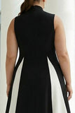 Black and White Plus Size A-Line High Neck Long Formal Dress with Pockets