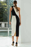 Black and White Halter Midi Bodycon Formal Dress