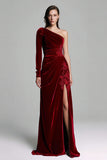 Burgundy Velvet One Shoulder Appliques Formal Dress