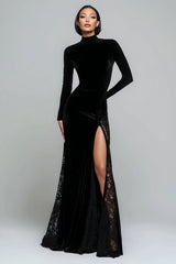 Zapaka Women Black Mermaid Velvet Formal Dress with Lace Long Sleeves High Neck Holiday Party Drss with Sleeves, Black / US20W Zapaka Women Black Mermaid Velvet Formal Dress with Lace Long Sleeves High Neck Holiday Party Drss with Sleeves, Black / US20W