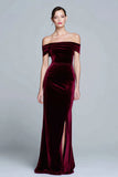 Burgundy Velvet Off the Shoulder Formal Dress with Slit