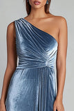 One Shoulder Dusty Blue A-Line Velvet Formal Dress with Slit