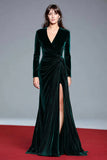 Dark Green Velvet V-Neck Long Sleeve Formal Dress with Slit