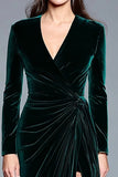 Dark Green Velvet V-Neck Long Sleeve Formal Dress with Slit