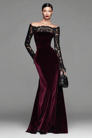 Burgundy Velvet Mermaid Long Sleeve Formal Dress with Lace