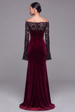 Burgundy Velvet Mermaid Long Sleeve Formal Dress with Lace