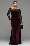Burgundy Lace Velvet Mermaid Plus Size Formal Dress with Long Sleeves