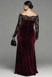 Burgundy Lace Velvet Mermaid Plus Size Formal Dress with Long Sleeves