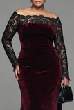 Burgundy Lace Velvet Mermaid Plus Size Formal Dress with Long Sleeves