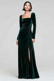 Dark Green Sheath Velvet Long Sleeves Formal Dress with Slit
