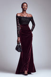Black and Burgundy Velvet Long Sleeves Formal Dress with Lace