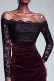 Black and Burgundy Velvet Long Sleeves Formal Dress with Lace