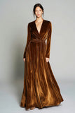 Brown Velvet A Line Ruched Long Formal Dress with Long Sleeves