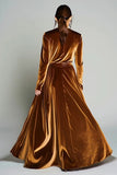 Brown Velvet A Line Ruched Long Formal Dress with Long Sleeves
