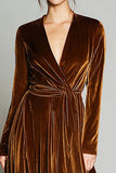 Brown Velvet A Line Ruched Long Formal Dress with Long Sleeves