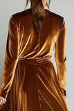 Brown Velvet A Line Ruched Long Formal Dress with Long Sleeves