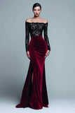 Black and Burgundy Off The Shoulder Velvet Long Sleeves Formal Dress with Lace