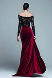 Black and Burgundy Off The Shoulder Velvet Long Sleeves Formal Dress with Lace