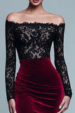 Black and Burgundy Off The Shoulder Velvet Long Sleeves Formal Dress with Lace