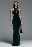 Dark Green Velvet Halter Sheath Long Formal Dress with Slit