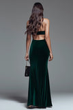Dark Green Velvet Halter Sheath Long Formal Dress with Slit
