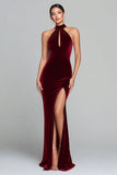 Burgundy Velvet Halter Sheath Long Formal Dress with Slit