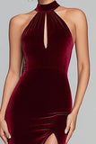 Burgundy Velvet Halter Sheath Long Formal Dress with Slit