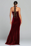 Burgundy Velvet Halter Sheath Long Formal Dress with Slit